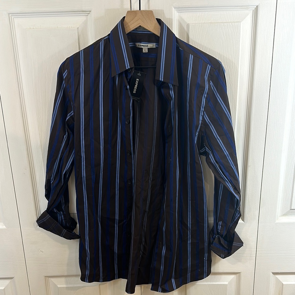 EXPRESS Men’s Black/Blue Striped Fitted Buttoned Down Shirt - Picture 1 of 7